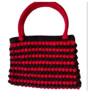Crochet Purse Handbag Popcorn Stitch Red and Black 14" x 11" Lined Handmade New